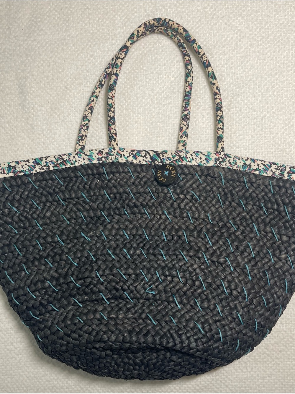 Vintage Roxy Black Woven Straw Medium Tote with Blue Trim Beach Pool Sun Grass